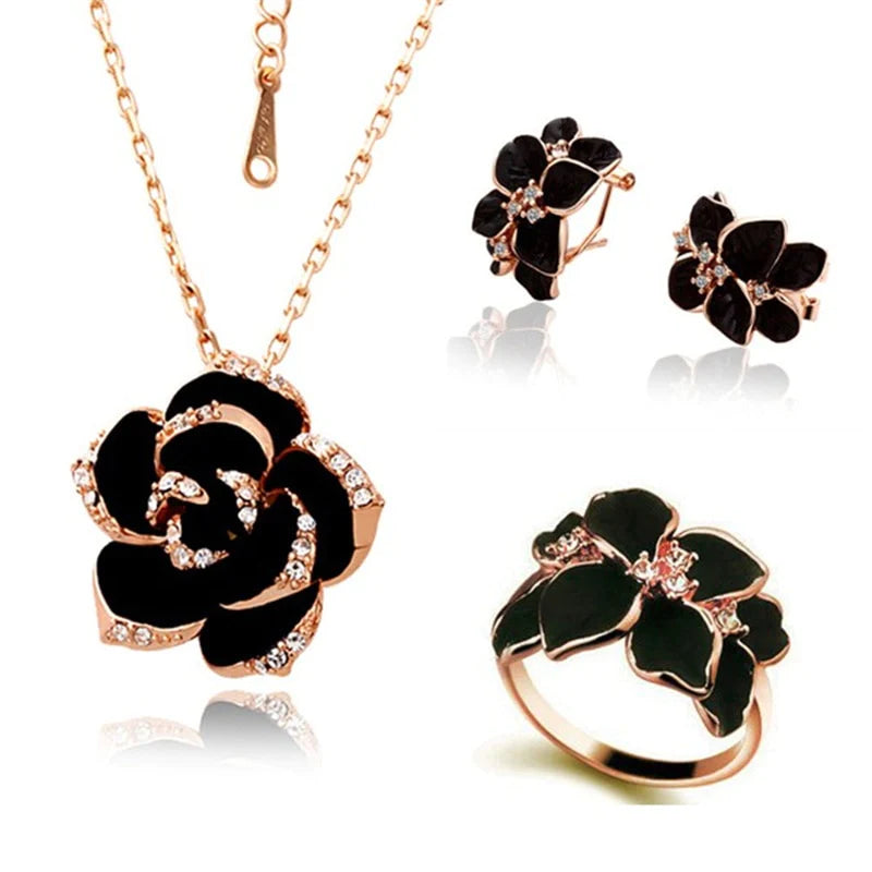 Velmera Black Enamel Flower Jewellery Set