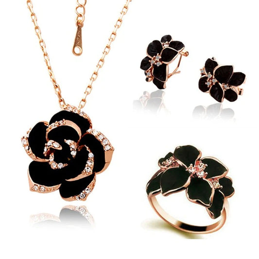 Velmera Black Enamel Flower Jewellery Set
