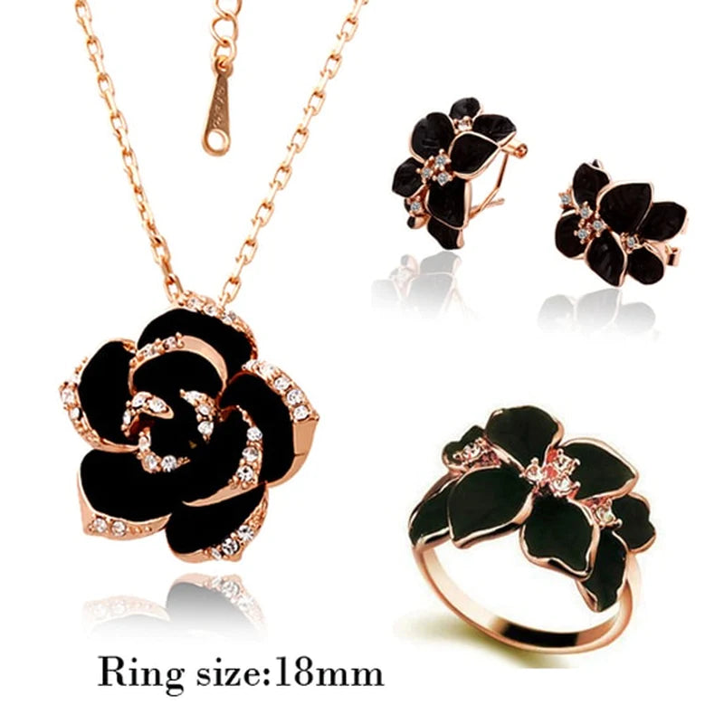 Velmera Black Enamel Flower Jewellery Set