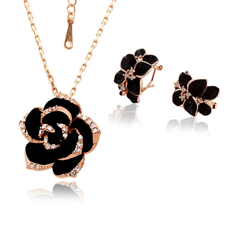 Velmera Black Enamel Flower Jewellery Set