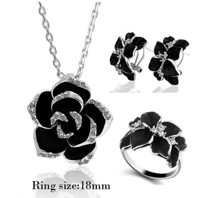 Velmera Black Enamel Flower Jewellery Set