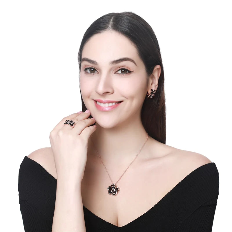 Velmera Black Enamel Flower Jewellery Set