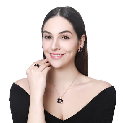 Velmera Black Enamel Flower Jewellery Set