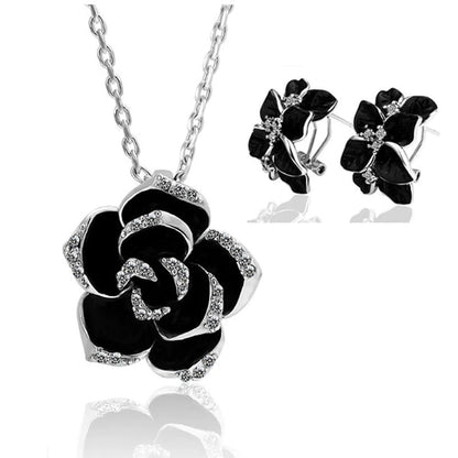 Velmera Black Enamel Flower Jewellery Set
